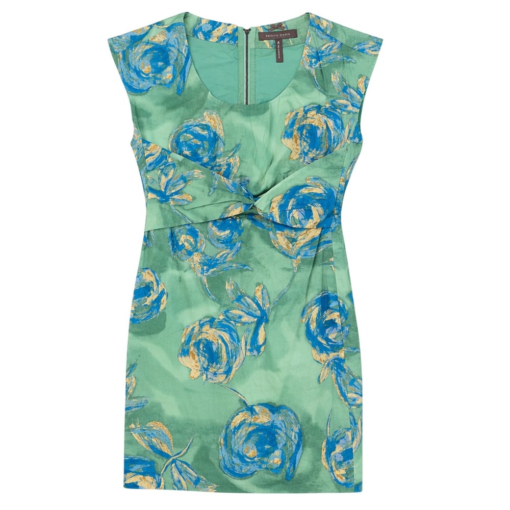 Kristin Davis Green Blue Floral‎ Twist Waist Sheath Dress KDRJ9804 Size 4 NEW